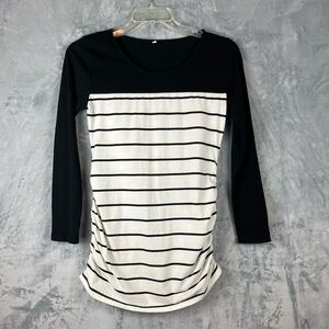 Breton Stripe Ruched Maternity Top Sz Medium White Black Stretch Long Sleeve Tee
